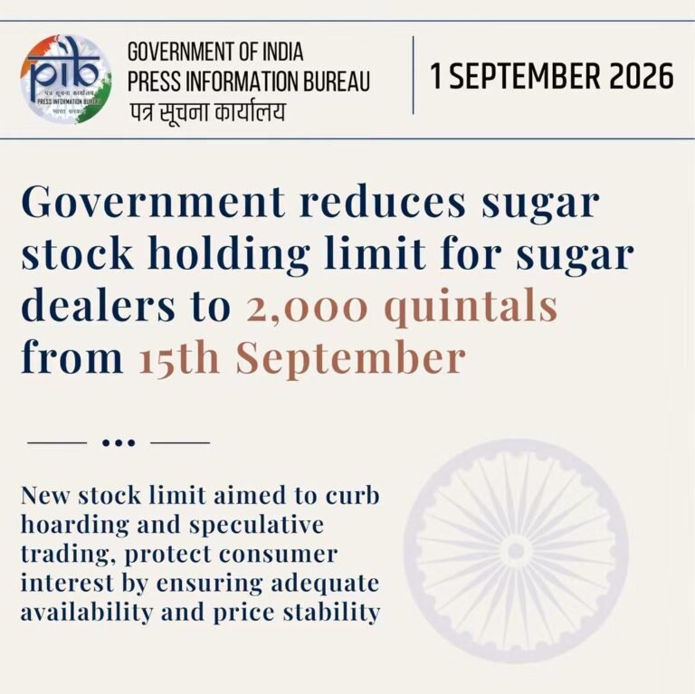 Govt Reduces Sugar stock holding limit to 2000 Quimtals from 15 Sept.