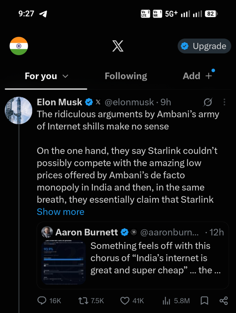 Musk Pushes for Starlink’s Entry into India, Dismisses Threat to Ambani’s Empire